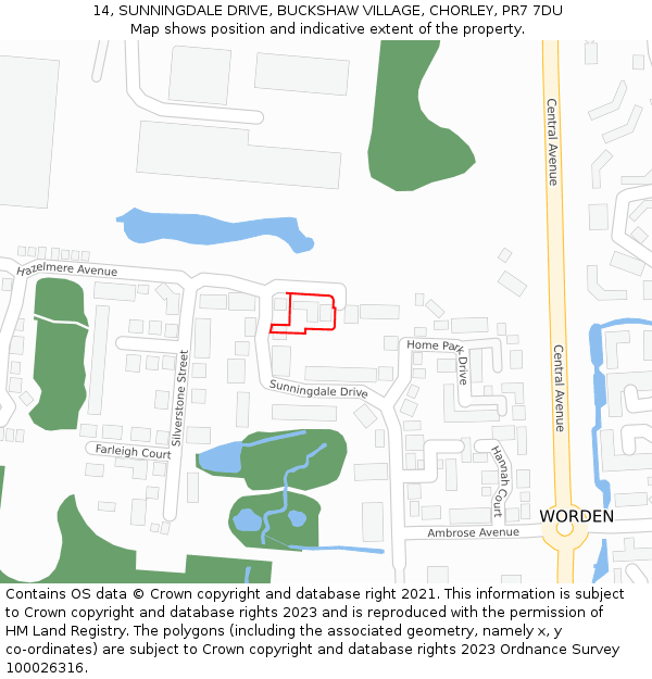 14, SUNNINGDALE DRIVE, BUCKSHAW VILLAGE, CHORLEY, PR7 7DU: Location map and indicative extent of plot