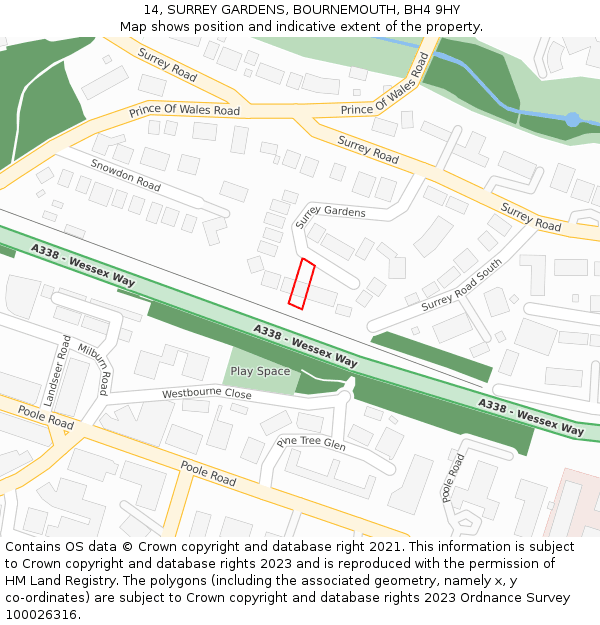 14, SURREY GARDENS, BOURNEMOUTH, BH4 9HY: Location map and indicative extent of plot