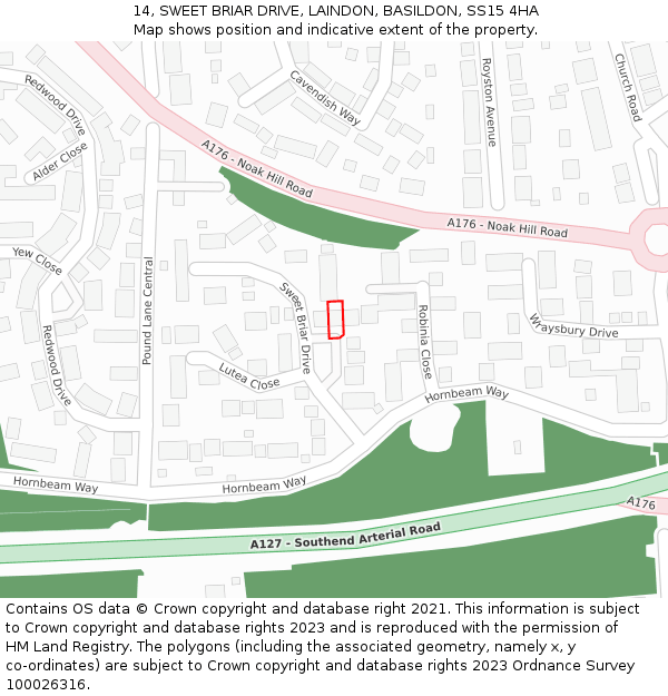 14, SWEET BRIAR DRIVE, LAINDON, BASILDON, SS15 4HA: Location map and indicative extent of plot