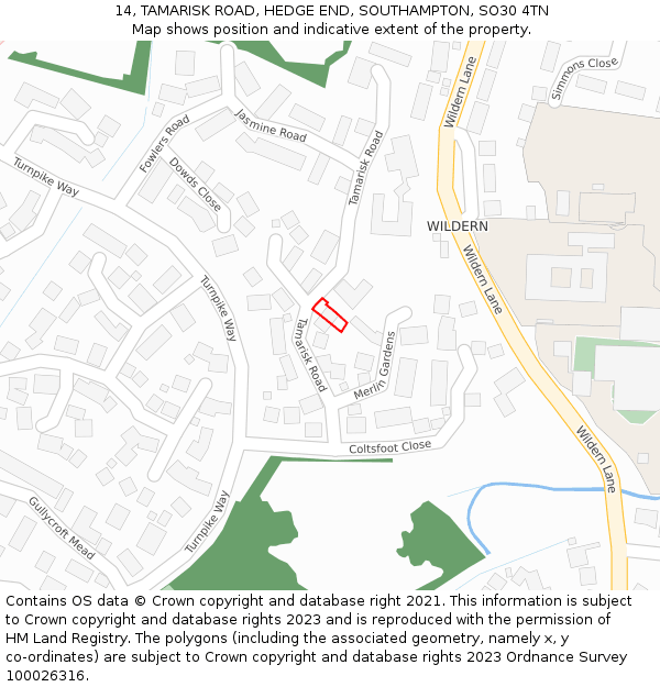 14, TAMARISK ROAD, HEDGE END, SOUTHAMPTON, SO30 4TN: Location map and indicative extent of plot