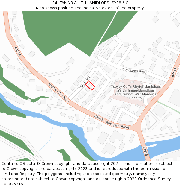 14, TAN YR ALLT, LLANIDLOES, SY18 6JG: Location map and indicative extent of plot