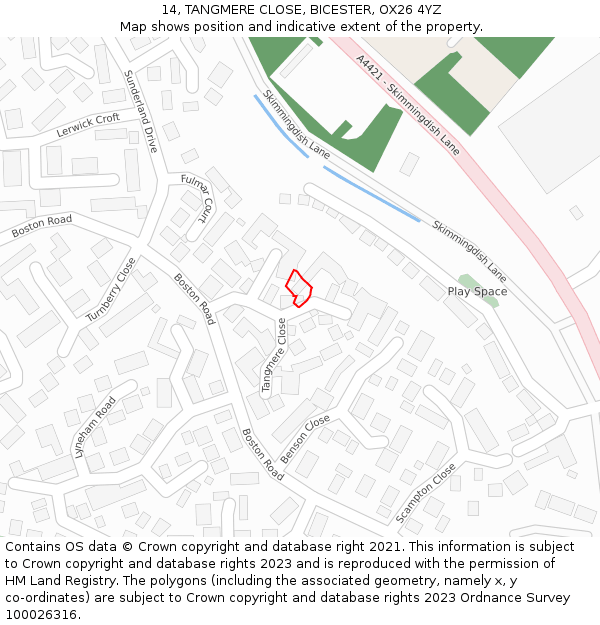 14, TANGMERE CLOSE, BICESTER, OX26 4YZ: Location map and indicative extent of plot