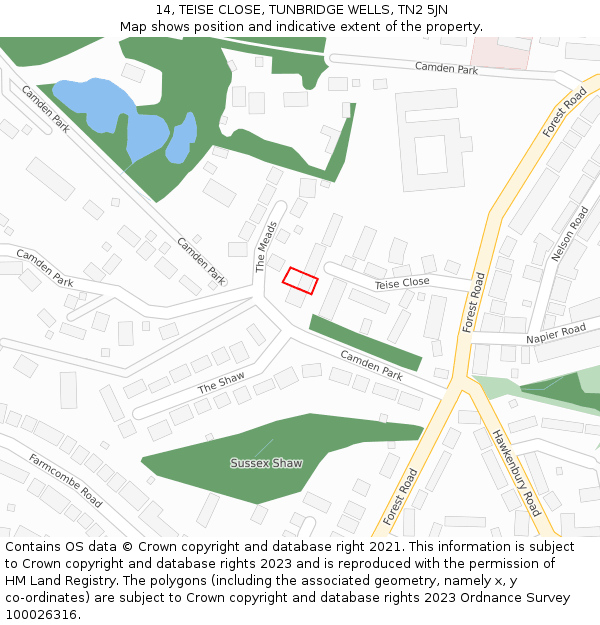 14, TEISE CLOSE, TUNBRIDGE WELLS, TN2 5JN: Location map and indicative extent of plot