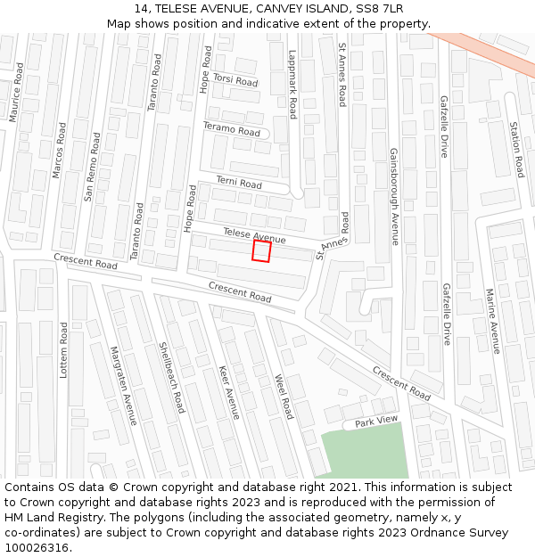 14, TELESE AVENUE, CANVEY ISLAND, SS8 7LR: Location map and indicative extent of plot