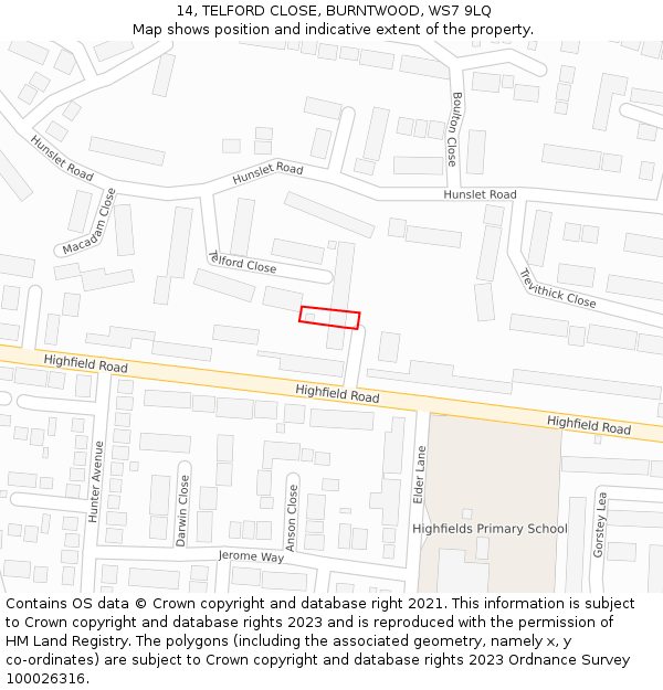 14, TELFORD CLOSE, BURNTWOOD, WS7 9LQ: Location map and indicative extent of plot