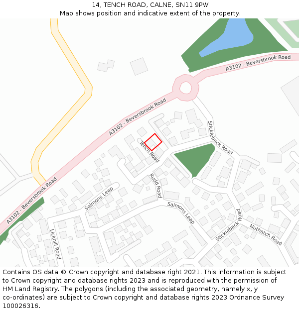 14, TENCH ROAD, CALNE, SN11 9PW: Location map and indicative extent of plot