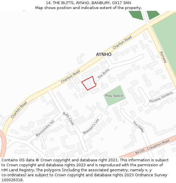14, THE BUTTS, AYNHO, BANBURY, OX17 3AN: Location map and indicative extent of plot