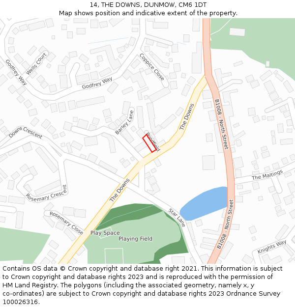14, THE DOWNS, DUNMOW, CM6 1DT: Location map and indicative extent of plot