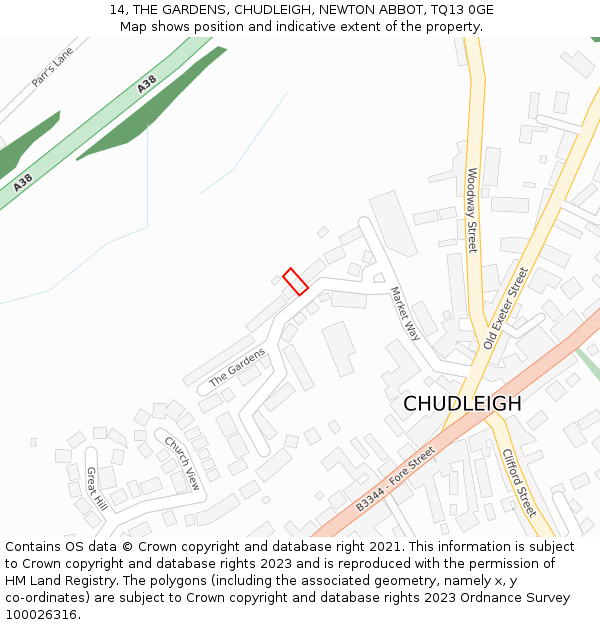 14, THE GARDENS, CHUDLEIGH, NEWTON ABBOT, TQ13 0GE: Location map and indicative extent of plot