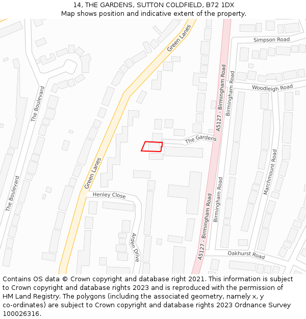 14, THE GARDENS, SUTTON COLDFIELD, B72 1DX: Location map and indicative extent of plot