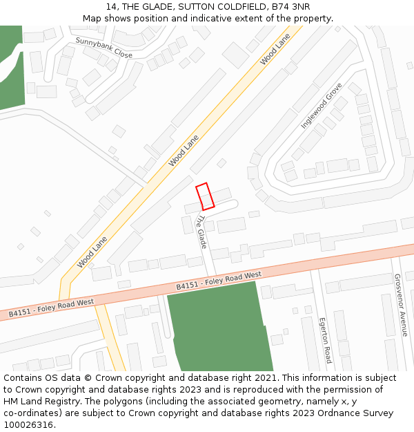 14, THE GLADE, SUTTON COLDFIELD, B74 3NR: Location map and indicative extent of plot