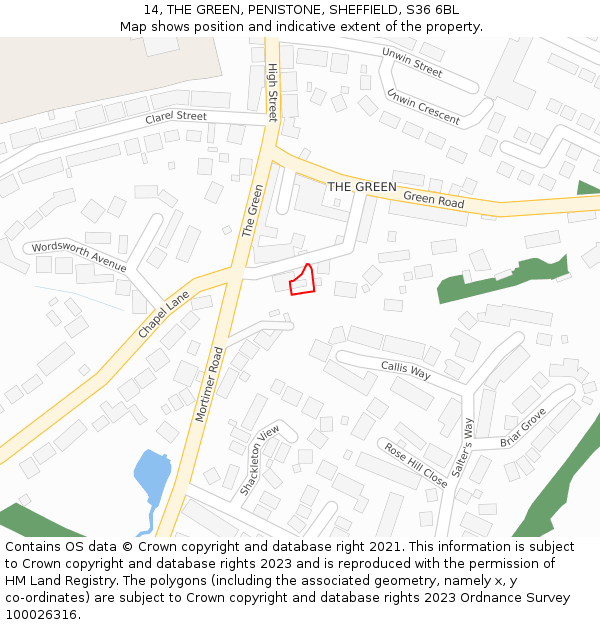 14, THE GREEN, PENISTONE, SHEFFIELD, S36 6BL: Location map and indicative extent of plot