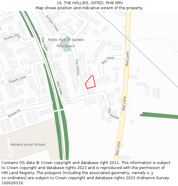 14, THE HOLLIES, OXTED, RH8 0RN: Location map and indicative extent of plot