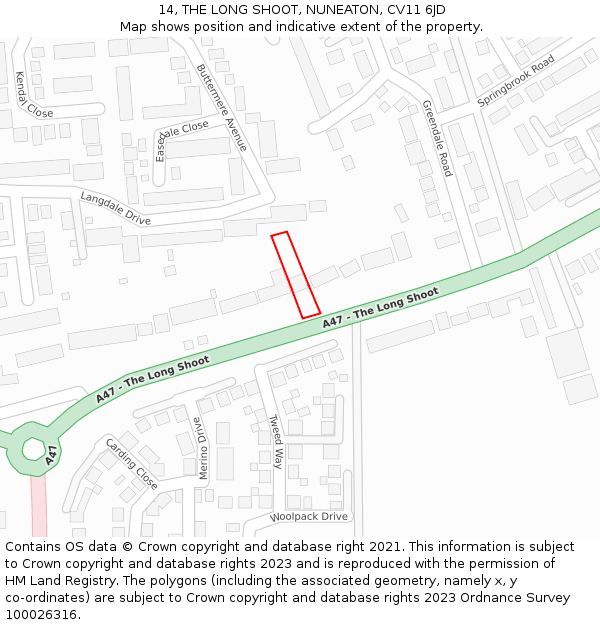 14, THE LONG SHOOT, NUNEATON, CV11 6JD: Location map and indicative extent of plot