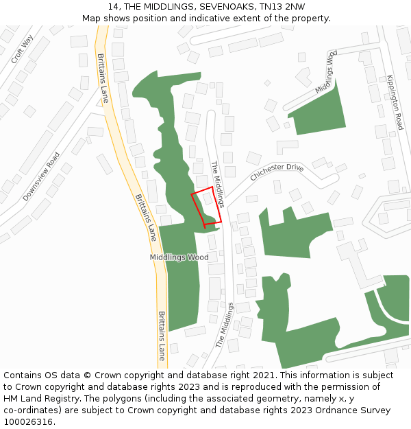 14, THE MIDDLINGS, SEVENOAKS, TN13 2NW: Location map and indicative extent of plot