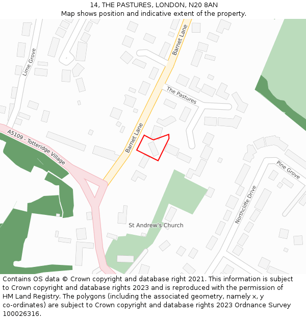 14, THE PASTURES, LONDON, N20 8AN: Location map and indicative extent of plot