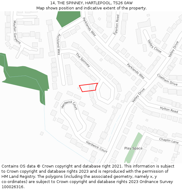 14, THE SPINNEY, HARTLEPOOL, TS26 0AW: Location map and indicative extent of plot