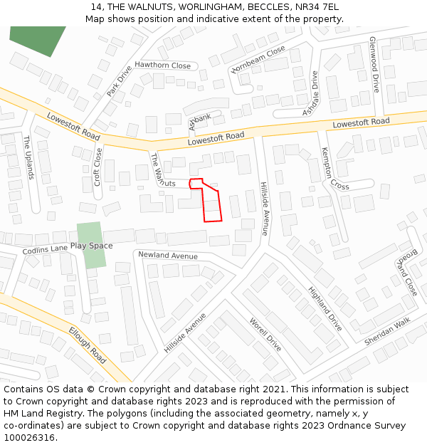 14, THE WALNUTS, WORLINGHAM, BECCLES, NR34 7EL: Location map and indicative extent of plot