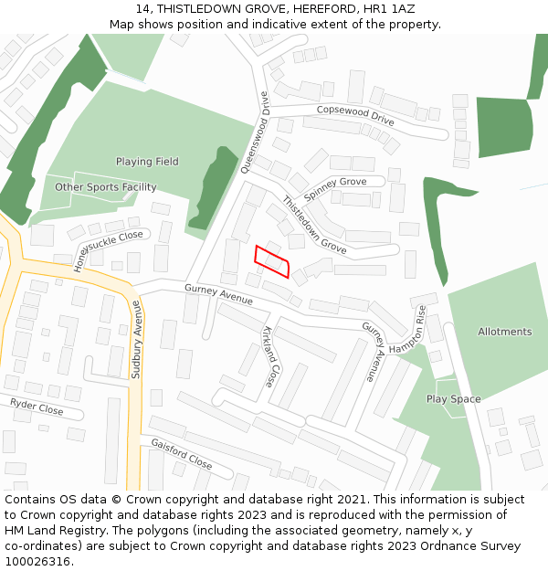 14, THISTLEDOWN GROVE, HEREFORD, HR1 1AZ: Location map and indicative extent of plot