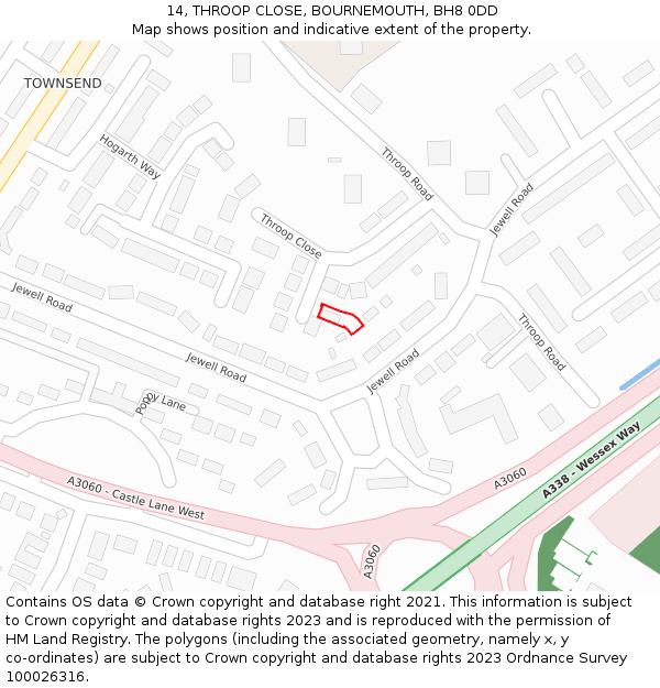 14, THROOP CLOSE, BOURNEMOUTH, BH8 0DD: Location map and indicative extent of plot