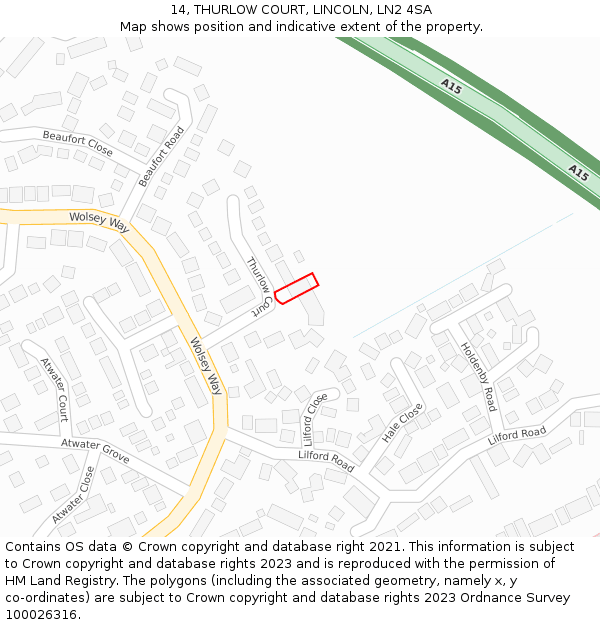 14, THURLOW COURT, LINCOLN, LN2 4SA: Location map and indicative extent of plot