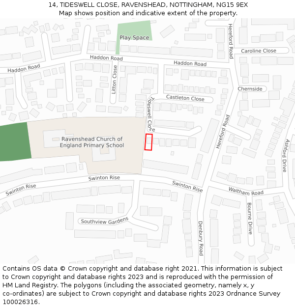 14, TIDESWELL CLOSE, RAVENSHEAD, NOTTINGHAM, NG15 9EX: Location map and indicative extent of plot