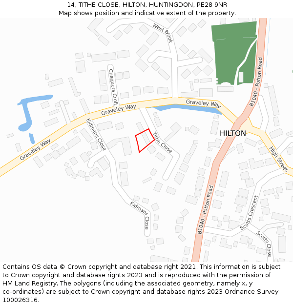 14, TITHE CLOSE, HILTON, HUNTINGDON, PE28 9NR: Location map and indicative extent of plot