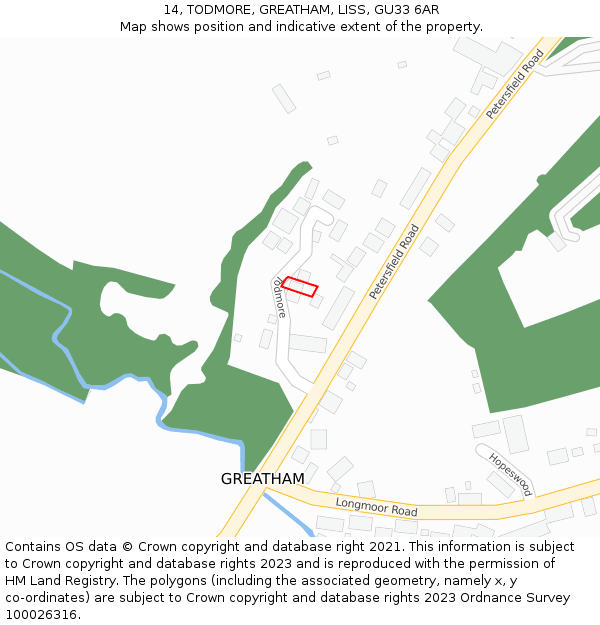 14, TODMORE, GREATHAM, LISS, GU33 6AR: Location map and indicative extent of plot