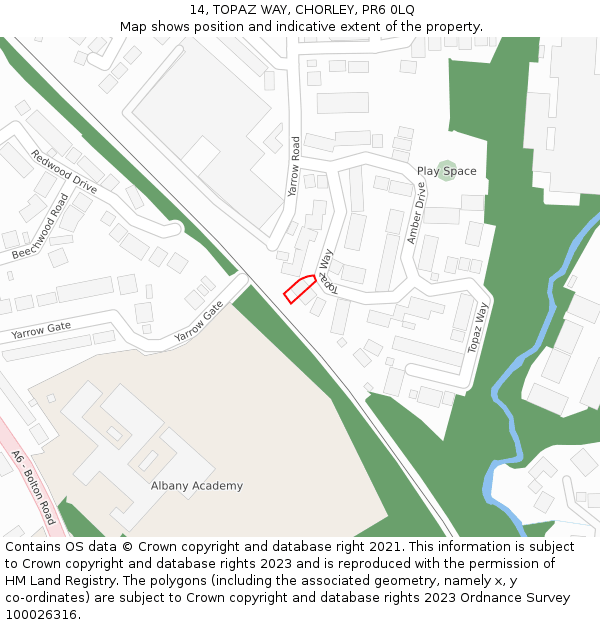 14, TOPAZ WAY, CHORLEY, PR6 0LQ: Location map and indicative extent of plot