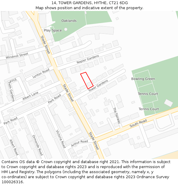 14, TOWER GARDENS, HYTHE, CT21 6DG: Location map and indicative extent of plot