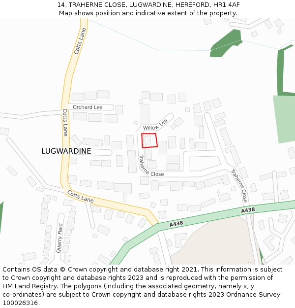 14, TRAHERNE CLOSE, LUGWARDINE, HEREFORD, HR1 4AF: Location map and indicative extent of plot