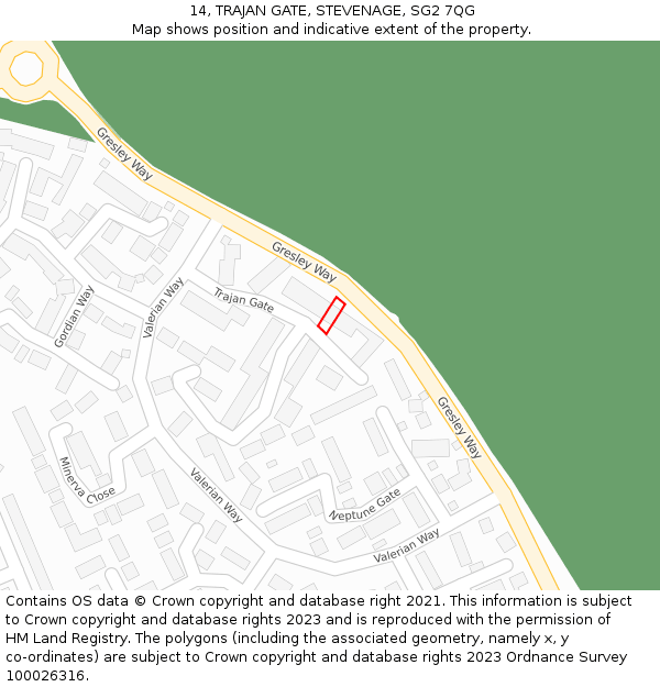 14, TRAJAN GATE, STEVENAGE, SG2 7QG: Location map and indicative extent of plot