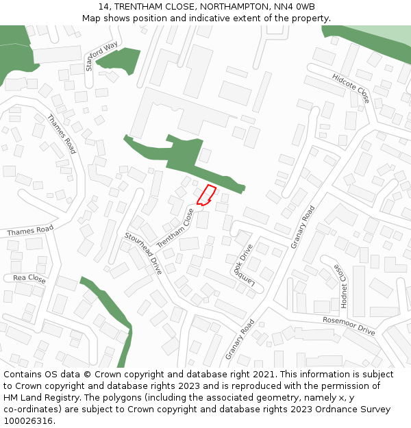 14, TRENTHAM CLOSE, NORTHAMPTON, NN4 0WB: Location map and indicative extent of plot