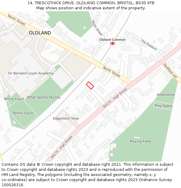 14, TRESCOTHICK DRIVE, OLDLAND COMMON, BRISTOL, BS30 9TB: Location map and indicative extent of plot