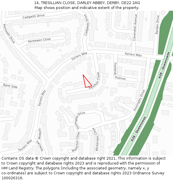 14, TRESILLIAN CLOSE, DARLEY ABBEY, DERBY, DE22 2AG: Location map and indicative extent of plot