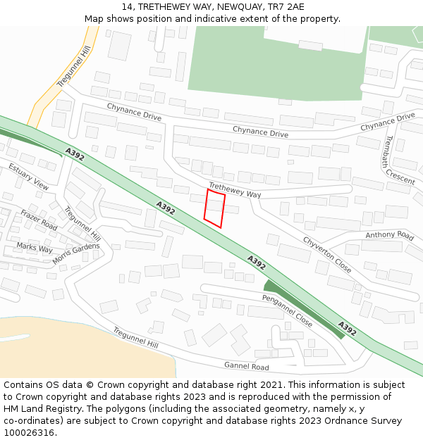 14, TRETHEWEY WAY, NEWQUAY, TR7 2AE: Location map and indicative extent of plot