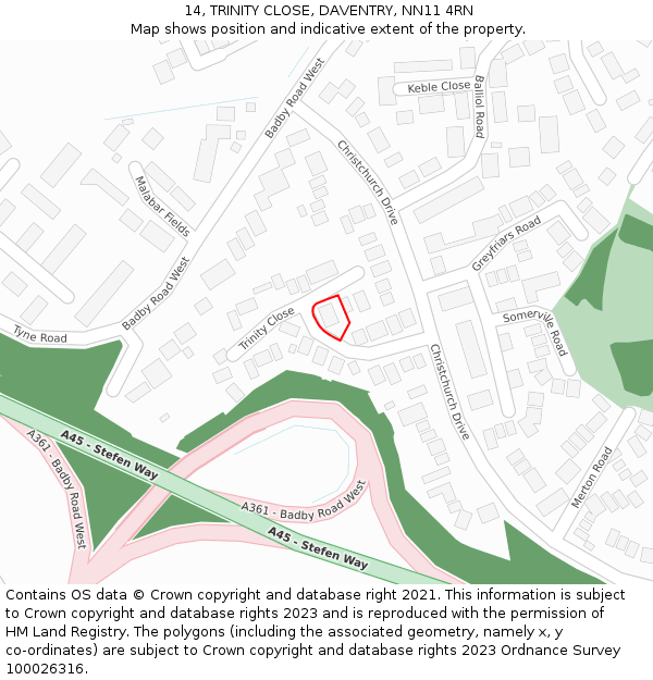 14, TRINITY CLOSE, DAVENTRY, NN11 4RN: Location map and indicative extent of plot