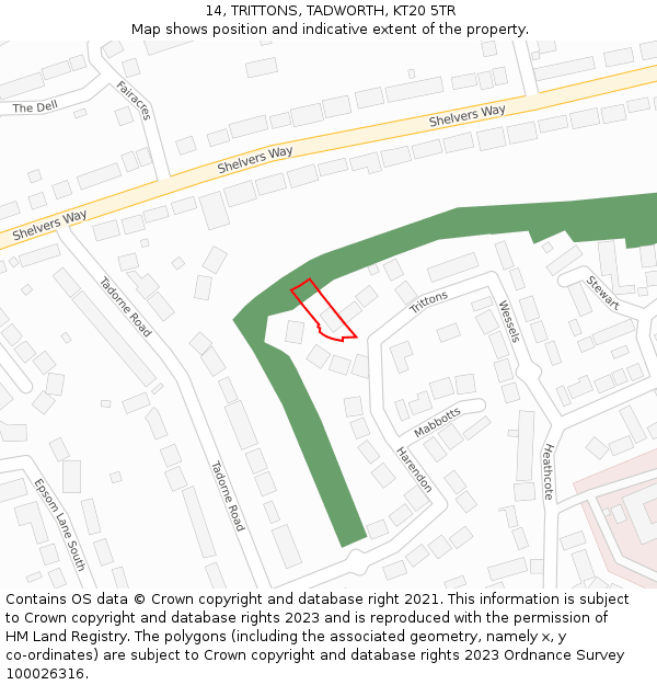 14, TRITTONS, TADWORTH, KT20 5TR: Location map and indicative extent of plot