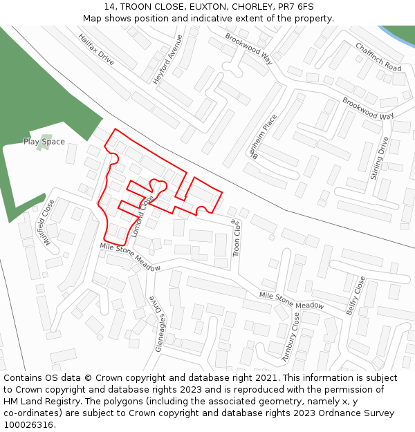 14, TROON CLOSE, EUXTON, CHORLEY, PR7 6FS: Location map and indicative extent of plot