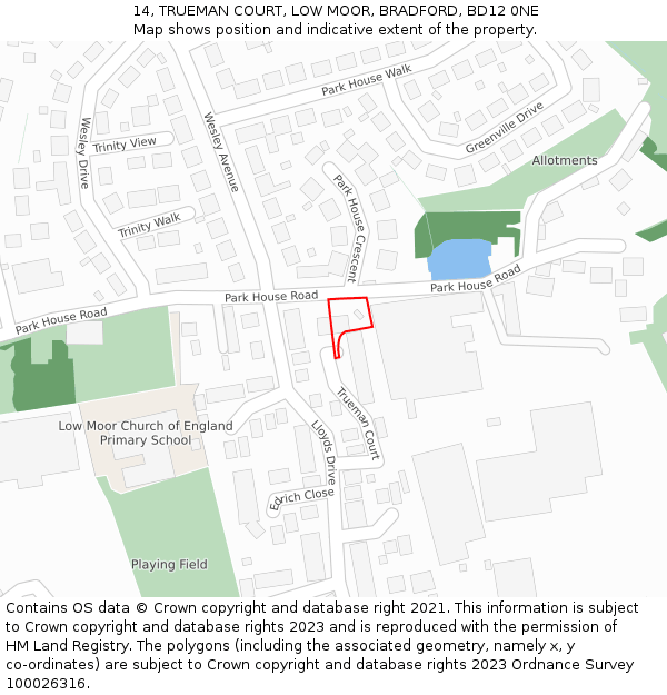 14, TRUEMAN COURT, LOW MOOR, BRADFORD, BD12 0NE: Location map and indicative extent of plot