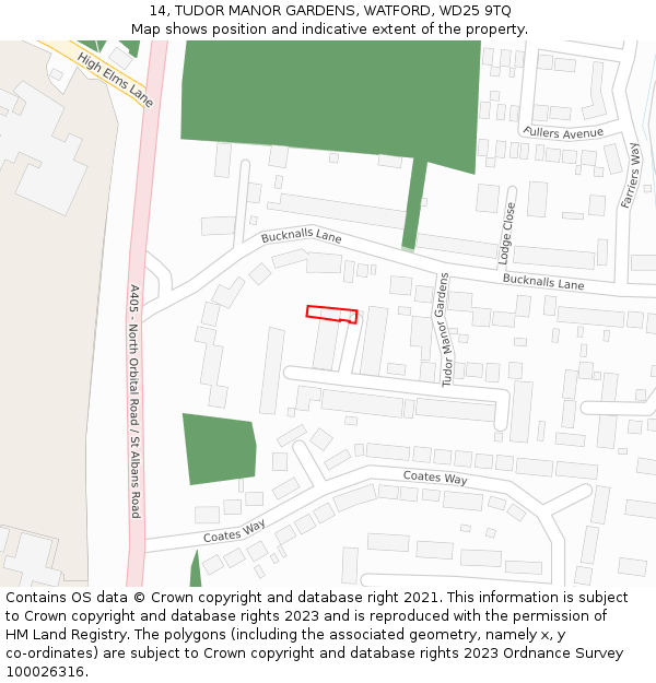 14, TUDOR MANOR GARDENS, WATFORD, WD25 9TQ: Location map and indicative extent of plot