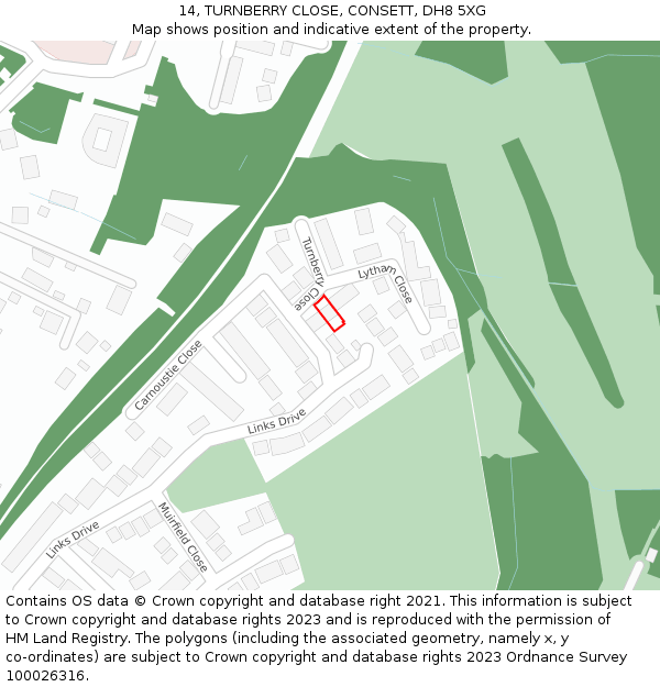 14, TURNBERRY CLOSE, CONSETT, DH8 5XG: Location map and indicative extent of plot