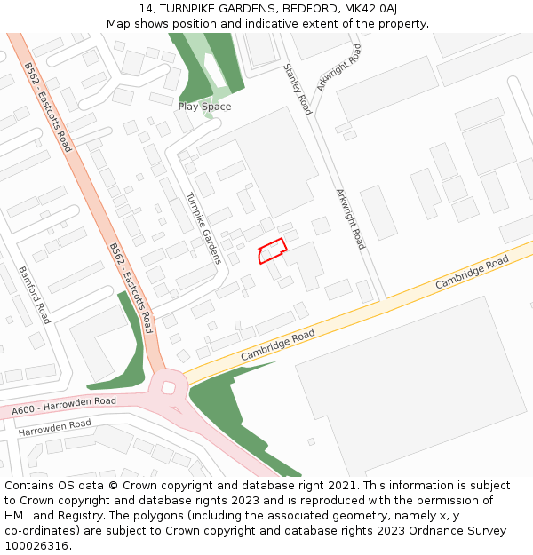 14, TURNPIKE GARDENS, BEDFORD, MK42 0AJ: Location map and indicative extent of plot
