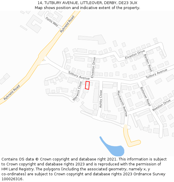 14, TUTBURY AVENUE, LITTLEOVER, DERBY, DE23 3UX: Location map and indicative extent of plot