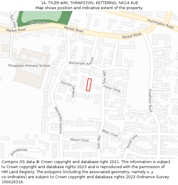 14, TYLER WAY, THRAPSTON, KETTERING, NN14 4UE: Location map and indicative extent of plot