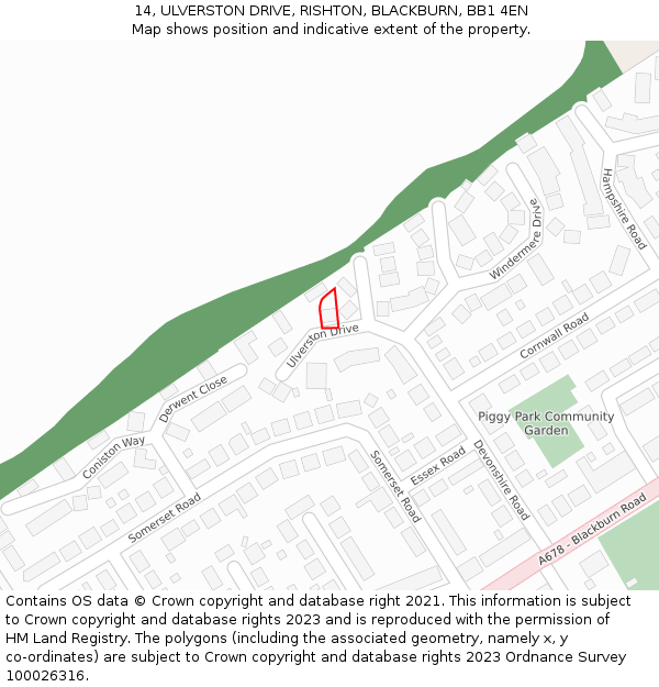 14, ULVERSTON DRIVE, RISHTON, BLACKBURN, BB1 4EN: Location map and indicative extent of plot