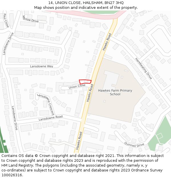 14, UNION CLOSE, HAILSHAM, BN27 3HQ: Location map and indicative extent of plot