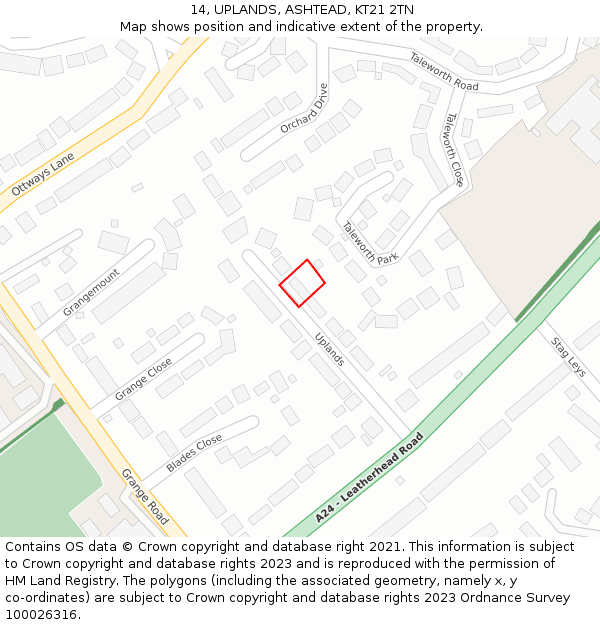 14, UPLANDS, ASHTEAD, KT21 2TN: Location map and indicative extent of plot