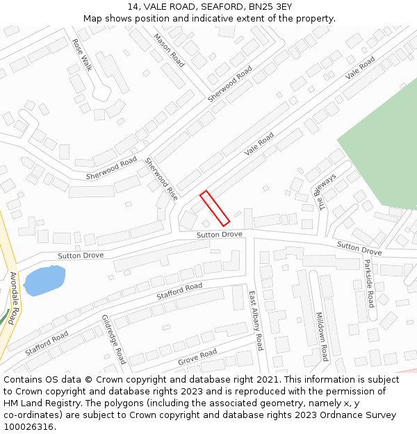 14, VALE ROAD, SEAFORD, BN25 3EY: Location map and indicative extent of plot