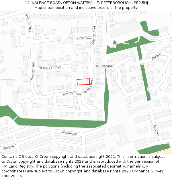 14, VALENCE ROAD, ORTON WATERVILLE, PETERBOROUGH, PE2 5HJ: Location map and indicative extent of plot